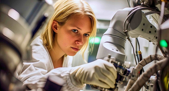 blonde, female, young, scientist, examines, complicated, technical, investigation, device, laboratory, research, analysis, microscope, equipment, technology, precision, expertise, knowledge, experiment, discovery, innovation, curiosity, concentration, study, intelligence, examination, meticulous, thorough, careful, scientific method, observation, exploration, scrutiny, evaluation, inspection, generative ai, generative, ai, illustration