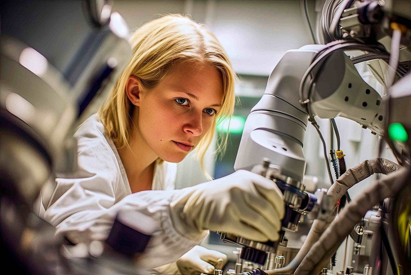 blonde, female, young, scientist, examines, complicated, technical, investigation, device, laboratory, research, analysis, microscope, equipment, technology, precision, expertise, knowledge, experiment, discovery, innovation, curiosity, concentration, study, intelligence, examination, meticulous, thorough, careful, scientific method, observation, exploration, scrutiny, evaluation, inspection, generative ai, generative, ai, illustration