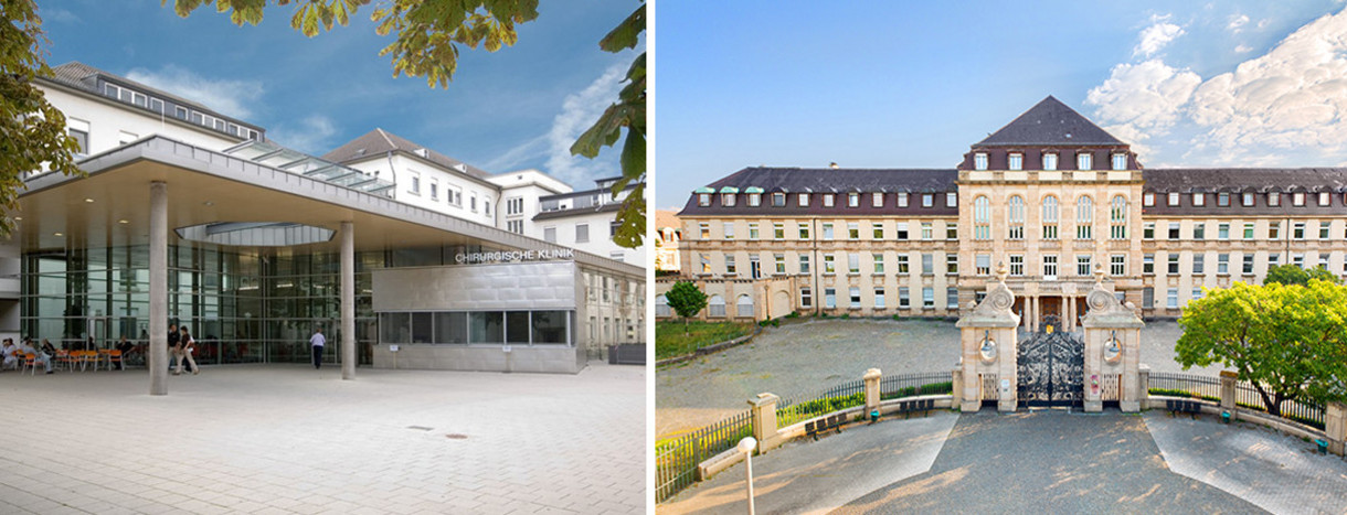 Collage aus zwei Gebäudebildern der Universitätsklinken Heidelberg und Mannheim
