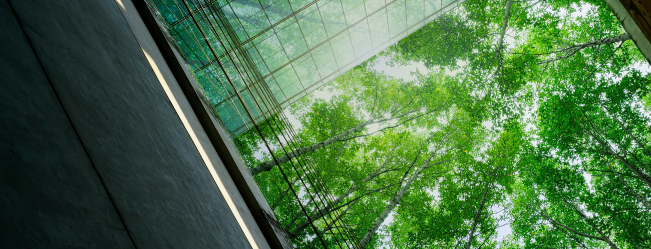 Eco-friendly building in modern city. Sustainable glass office building with trees for reducing carbon dioxide. Office building with green environment. Corporate building reduce CO2. Net zero emission