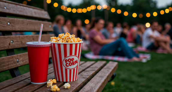 Bucket of popcorn and drink on a bench during an outdoor summer movie festival
