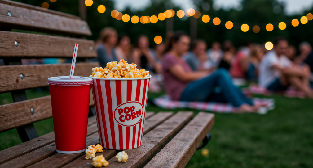 Bucket of popcorn and drink on a bench during an outdoor summer movie festival