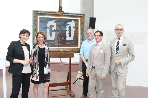 Bildende Kunst Übergabe Magritte-Gemälde an Kunsthalle Karlsruhe Gruppenbild vor der Hängung des Gemäldes (v.l.n.r.): Prof. Dr. Pia Müller-Tamm (Direktorin der Kunsthalle Karlsruhe), Petra Olschowski (Kunststaatssekretärin), Thomas Heidenreich (Chefrestaurator), Dr. Martin Hoernes (Generalsekretär der Ernst von Siemens-Stiftung), Prof. Dr. Frank Druffner (Stv. Generalsekretär der Kunststiftung der Länder), Foto: Kunsthalle Karlsruhe