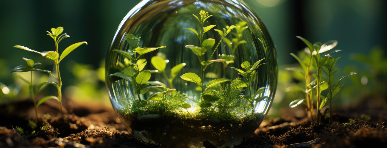 Glass globe encircled by verdant forest flora