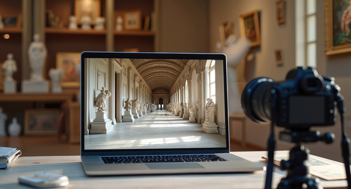 Laptop displays virtual museum show, offering online exploration of digital art, culture. Interactive gallery experience on screen historical heritage, multimedia collections for learning, discovery.
