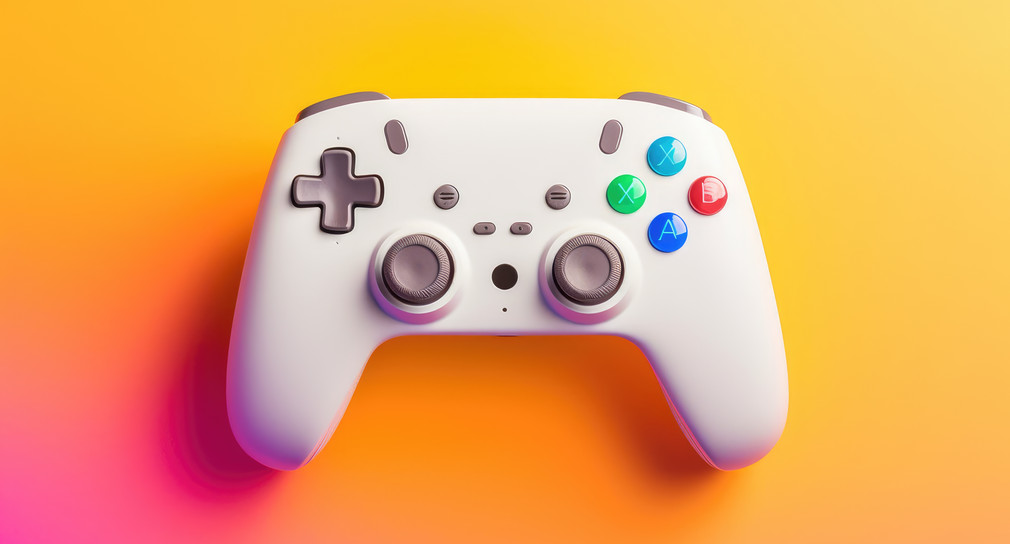 Modern video game controller on colorful gradient background